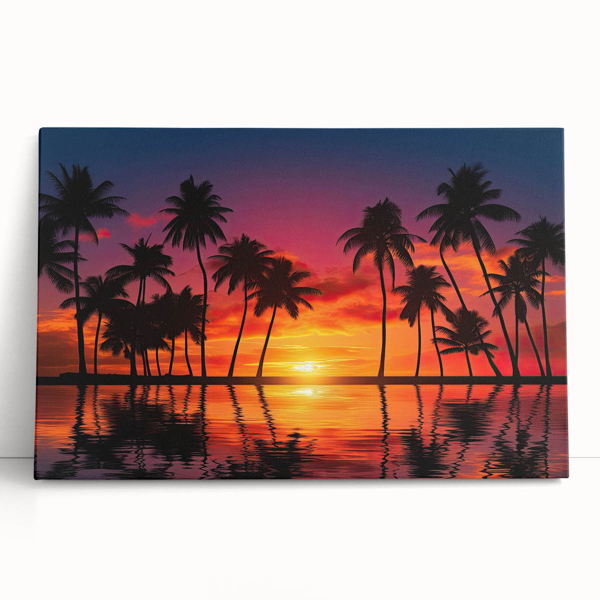 Stretched canvas wall art showcasing a serene beach landscape with vibrant colors, perfect for home decor, adding a calming and coastal vibe to any room.