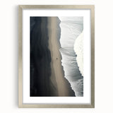 Framed wall art showcasing a serene beach landscape with soft pastel colors, silver matting, and a sleek frame, perfect for home decor or office ambiance.