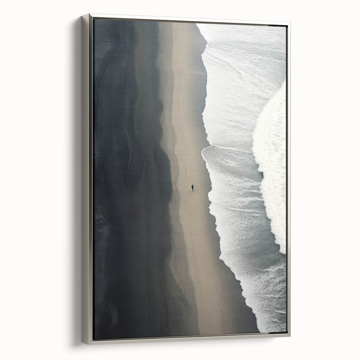Framed canvas wall art featuring a serene beach landscape with a silver frame, showcasing vibrant colors and intricate details, perfect for home decor.