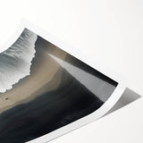 Rolled print of a serene beach landscape featuring golden sands and gentle waves under a vibrant blue sky, ideal for home decor or relaxation themes.