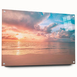 Acrylic wall art collection showcasing beach landscapes in vibrant colors, elegantly displayed from a side view with decorative pins for easy hanging.