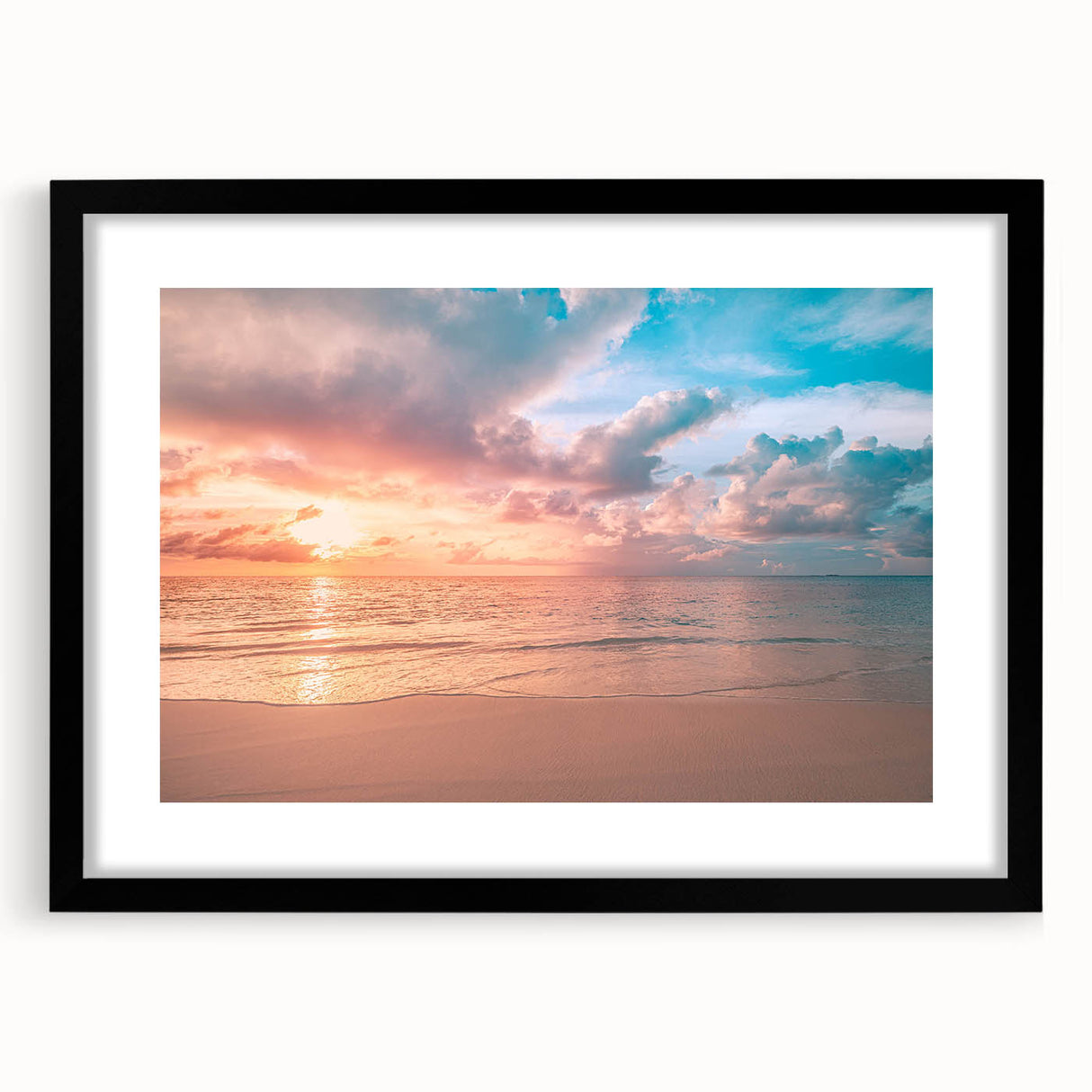 Framed wall art collection featuring vibrant beach landscapes with a black mat, showcasing serene ocean views and colorful sunset skies in a home decor setting.