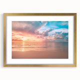 Framed wall art collection showcasing a serene beach landscape design with gold accents and a white mat, perfect for elegant home decor.