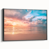 Framed canvas wall art collection showcasing a serene beach landscape design, featuring soft colors and a black frame, perfect for coastal decor enthusiasts.