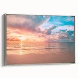 Framed canvas wall art collection showcasing a serene beach landscape with vibrant colors and silver accents, perfect for home decor and relaxation.