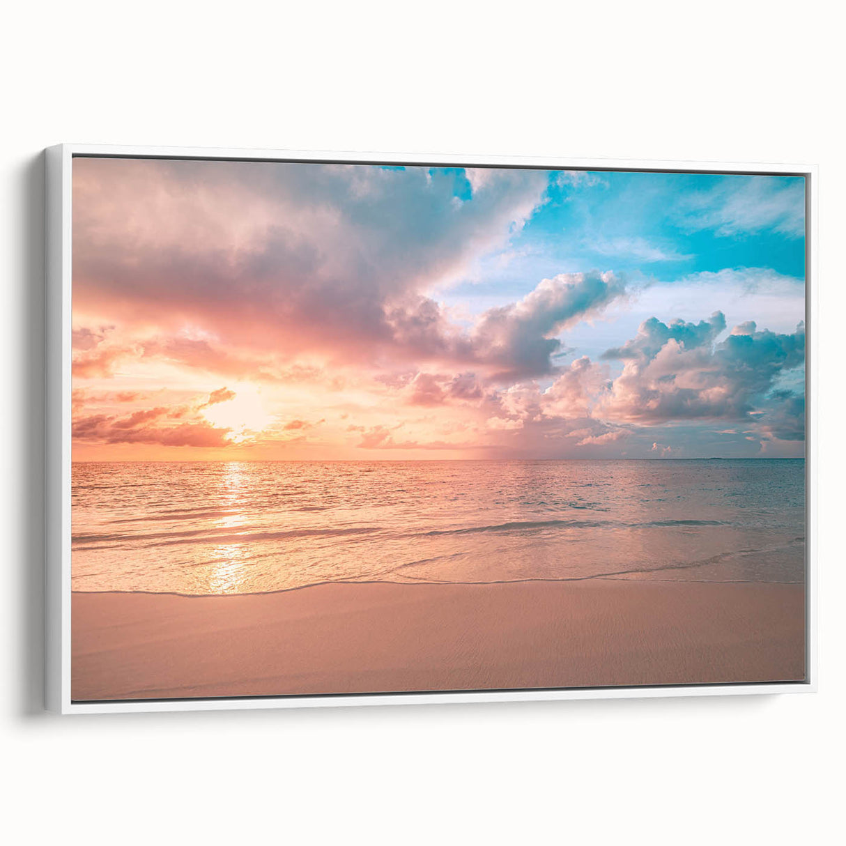 Framed canvas wall art collection showcasing serene beach landscapes, featuring vibrant colors and a white frame, ideal for home decor enhancement.