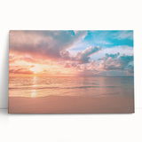 Stretched canvas wall art collection showcasing vibrant beach landscapes, featuring soothing blue and sandy tones, perfect for home decor or relaxation spaces.
