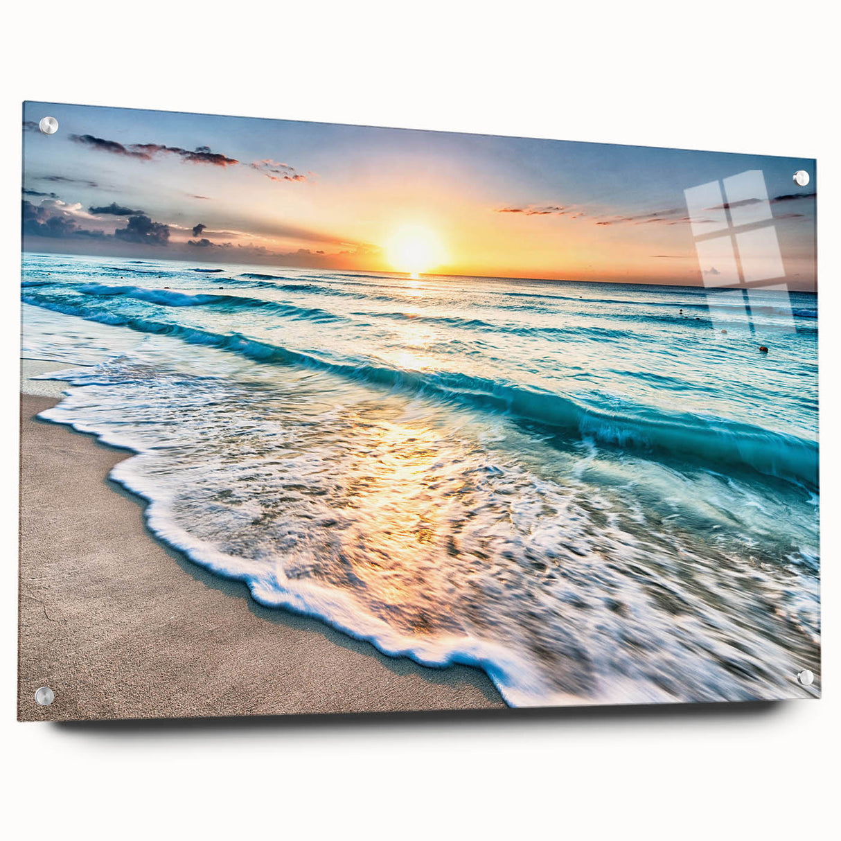 Acrylic glass wall art collection showcasing a serene beach landscape design, displayed from a side view with decorative pins, perfect for modern home decor.