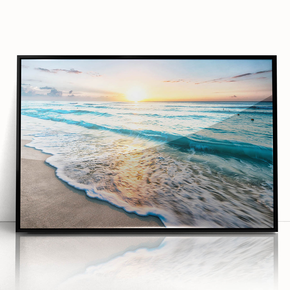 Framed acrylic wall art showcasing a serene beach landscape with vibrant colors, displayed in a sleek black frame, perfect for enhancing modern home decor.