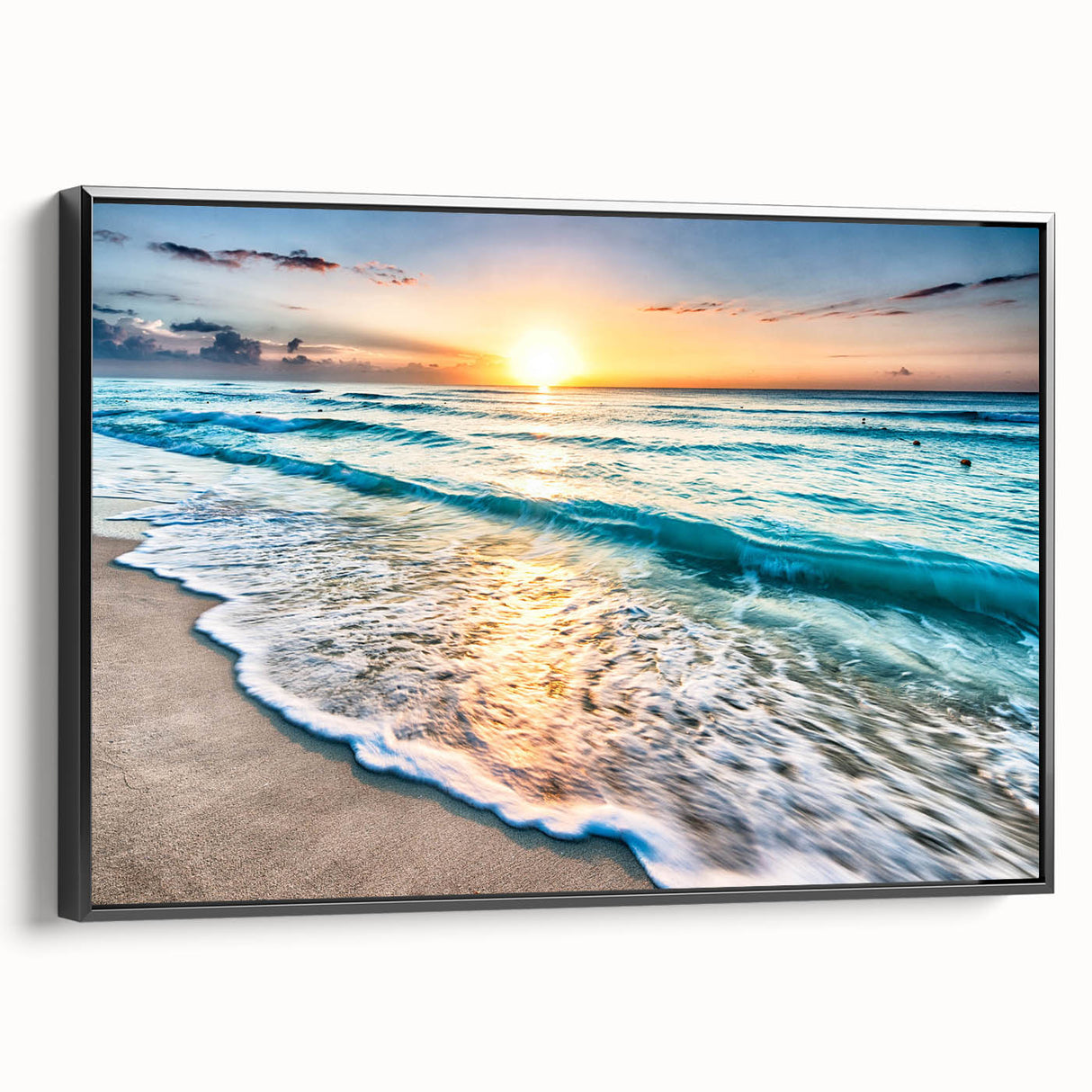 Framed canvas wall art showcasing a serene beach landscape with vibrant colors and intricate details, presented in a sleek black frame, ideal for coastal decor.