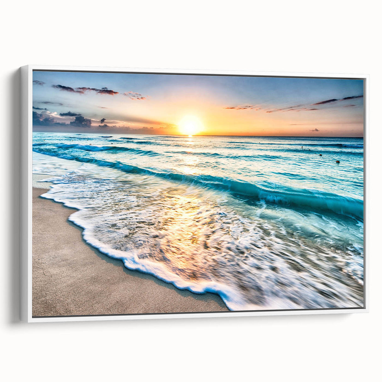 Framed canvas wall art showcasing a serene beach landscape in soft pastel colors, perfect for home decor, enhancing relaxation and coastal vibes.