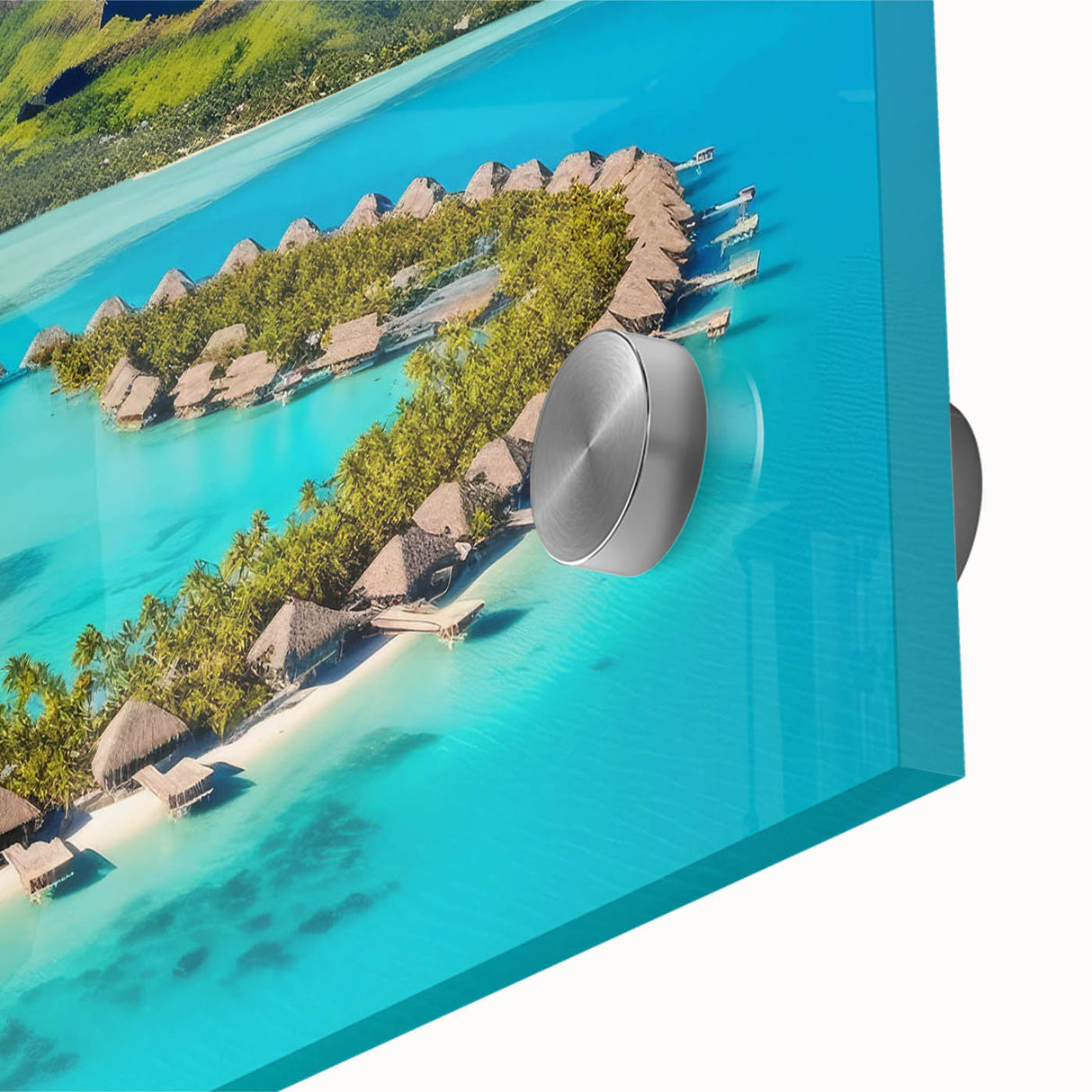 Close-up of a stunning acrylic glass wall art piece showcasing a vibrant beach landscape, featuring rich blues and greens, perfect for coastal-themed decor.