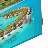 Close-up of a stunning acrylic glass wall art piece showcasing a vibrant beach landscape, featuring rich blues and greens, perfect for coastal-themed decor.
