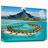 Acrylic glass wall art collection showcasing a vibrant beach landscape design, displayed from the side with decorative pins, perfect for modern home decor.