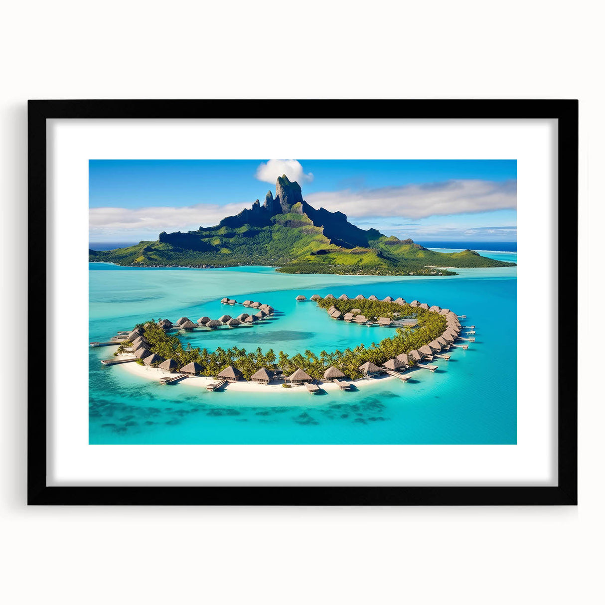 Framed wall art showcasing a serene beach landscape with vibrant colors, featuring a black mat and sleek frame, ideal for home decor and relaxation.