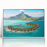 Framed acrylic wall art featuring a serene beach landscape with vibrant colors, showcased in a sleek white frame, perfect for enhancing modern decor.