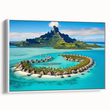 Framed canvas wall art showcasing a serene beach landscape design with vibrant blue skies and soft sandy shores, displayed from a side view in a modern white frame.