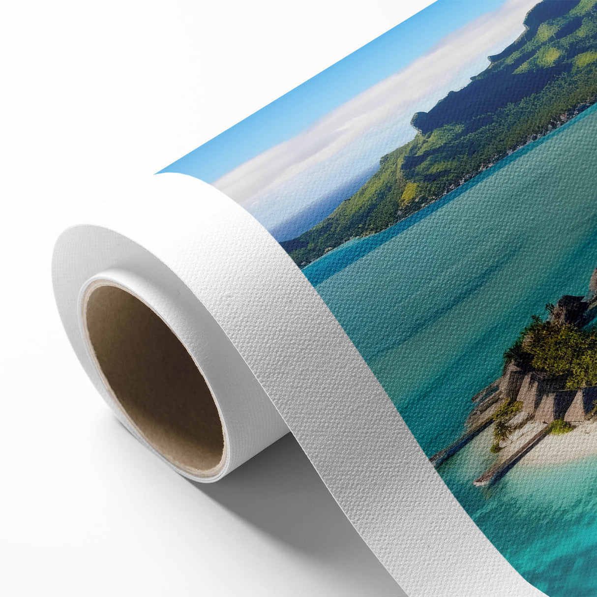 Vibrant rolled canvas wall art depicting a serene beach landscape, showcasing golden sands and turquoise waters, perfect for coastal home decor.