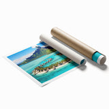Vibrant rolled print of a serene beach landscape wall art collection, showcasing soft pastel colors and calming ocean views, ideal for home decor.