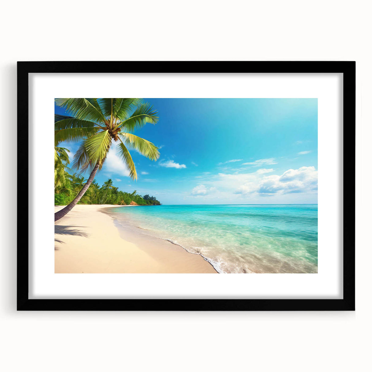 Black-framed wall art collection showcasing a serene beach landscape design, featuring soft pastel colors and a modern mat, perfect for home decor enhancement.