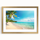 Framed landscape wall art collection showcasing serene beach scenes in soft pastel colors, featuring a gold mat and elegant frame, perfect for coastal decor.