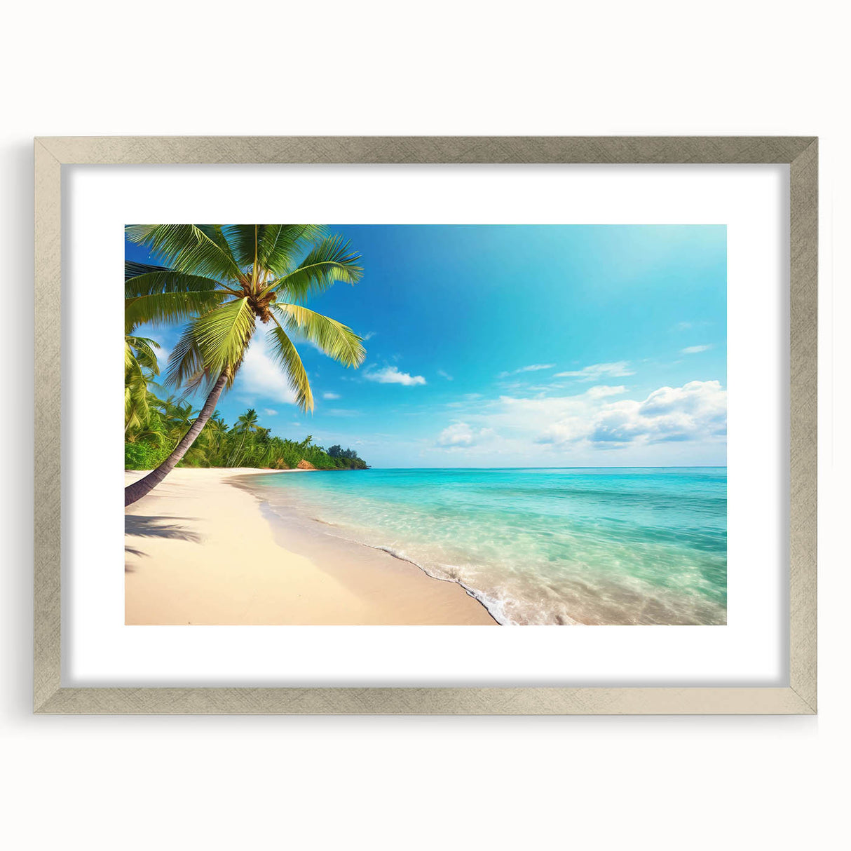 Framed wall art featuring a serene beach landscape design with a silver mat, perfect for home decor. This vibrant artwork adds a calming touch to any room.