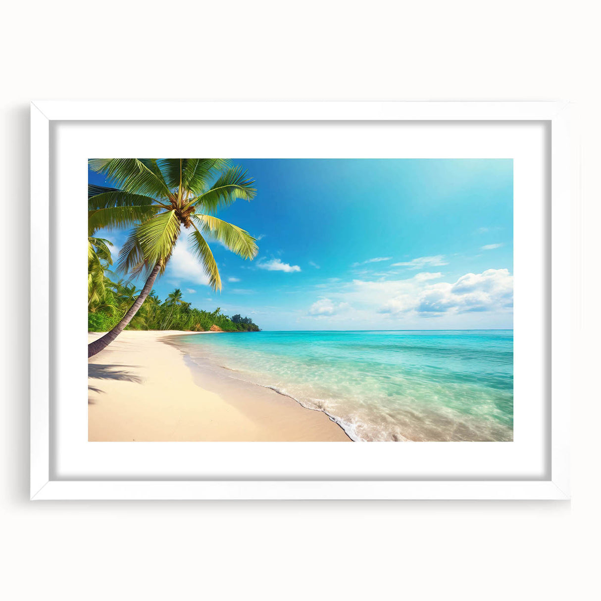 Framed wall art showcasing a serene beach landscape with vibrant colors and soft waves, featuring a white mat and sleek frame, perfect for coastal decor. Ideal for enhancing living spaces or beach-themed interiors.
