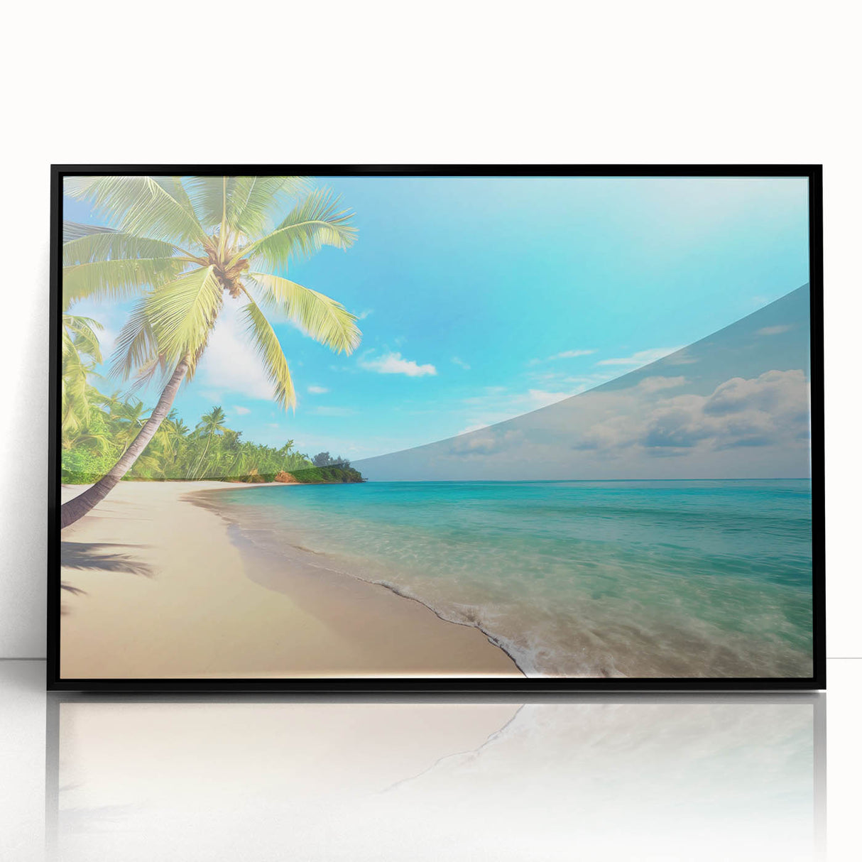 Framed wall art showcasing a serene beach landscape design, featuring vibrant colors and an acrylic finish. Ideal for enhancing coastal-themed interiors.