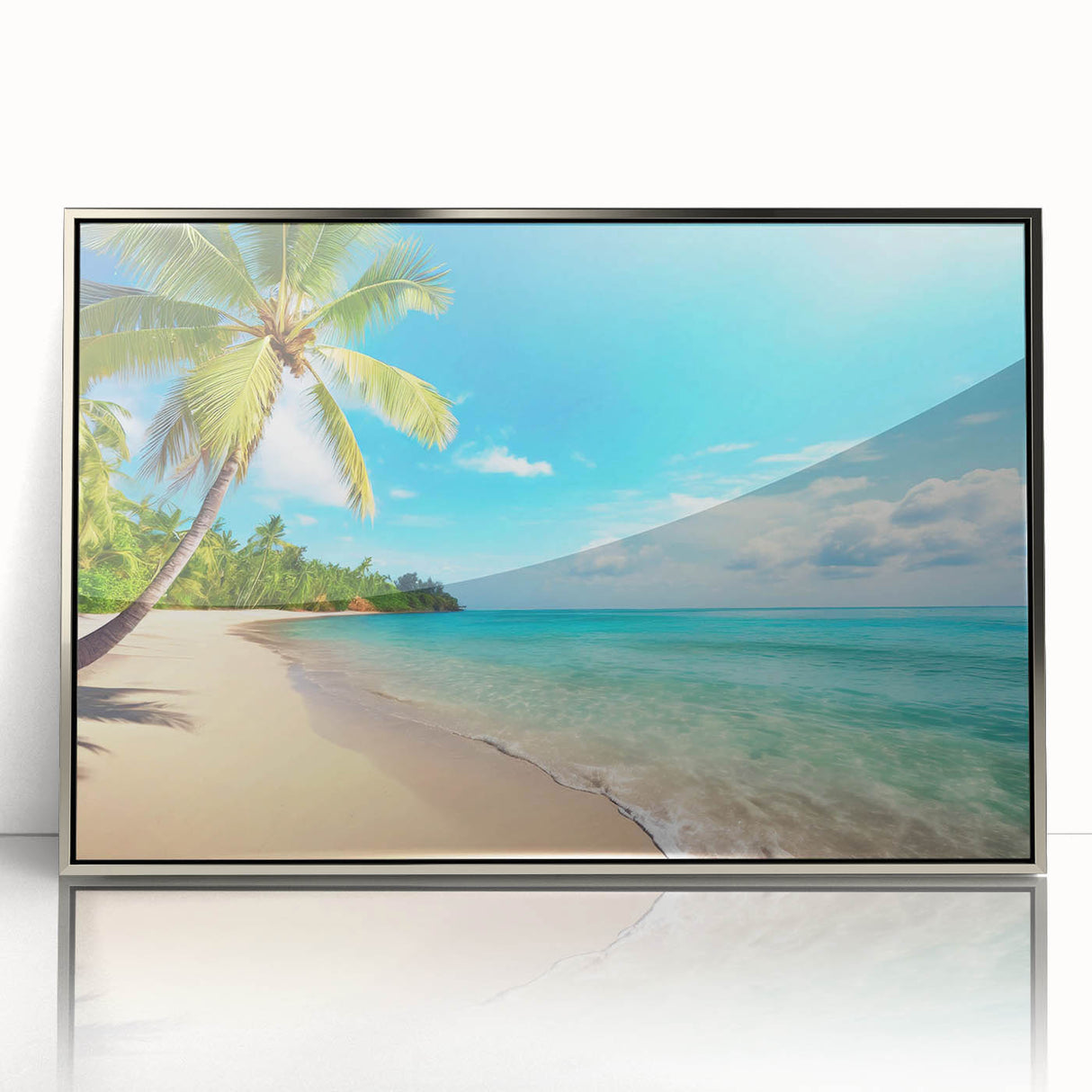 Framed acrylic wall art showcasing a serene beach landscape with vibrant blue skies and gentle waves, elegantly displayed in a sleek silver frame, perfect for coastal decor.