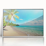 Framed acrylic wall art depicting a serene beach landscape, featuring soft sandy tones and gentle waves, ideal for enhancing modern home decor.