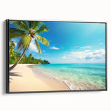 Framed canvas wall art showcasing a serene beach landscape design, featuring soft pastel colors and a sleek black frame, ideal for enhancing modern home decor.