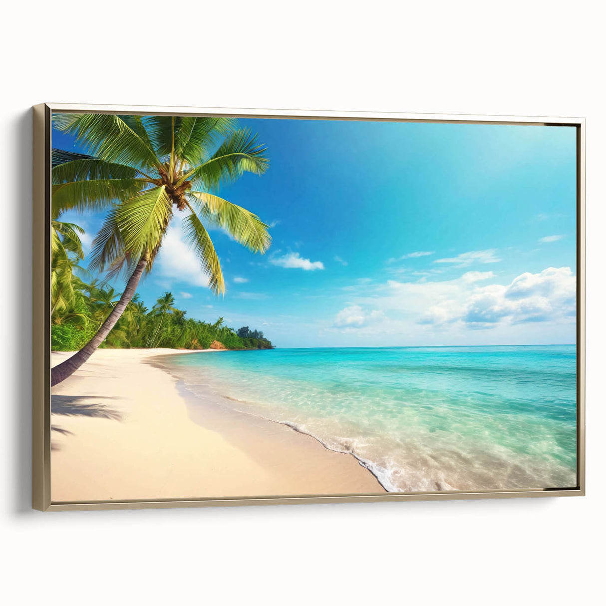 Framed canvas wall art showcasing a serene beach landscape with vibrant blue skies and golden sand, elegantly presented with a gold frame for added elegance.