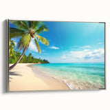 Framed canvas wall art showcasing a serene beach landscape with soft waves and a pastel sunset, elegantly bordered in silver for modern decor accents.