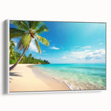Framed canvas wall art showcasing a serene beach landscape with vibrant blues and sandy tones, elegantly presented in a sleek white frame, perfect for coastal decor.