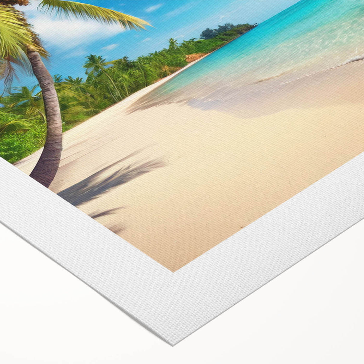 Rolled canvas wall art showcasing a serene beach landscape with vibrant colors, perfect for home decor. Packaged securely in a protective cardboard tube for delivery.