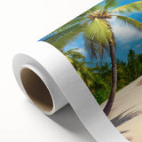 Rolled canvas showcasing a serene beach landscape with vibrant colors, perfect for home decor, elegantly packaged in a protective cardboard tube.