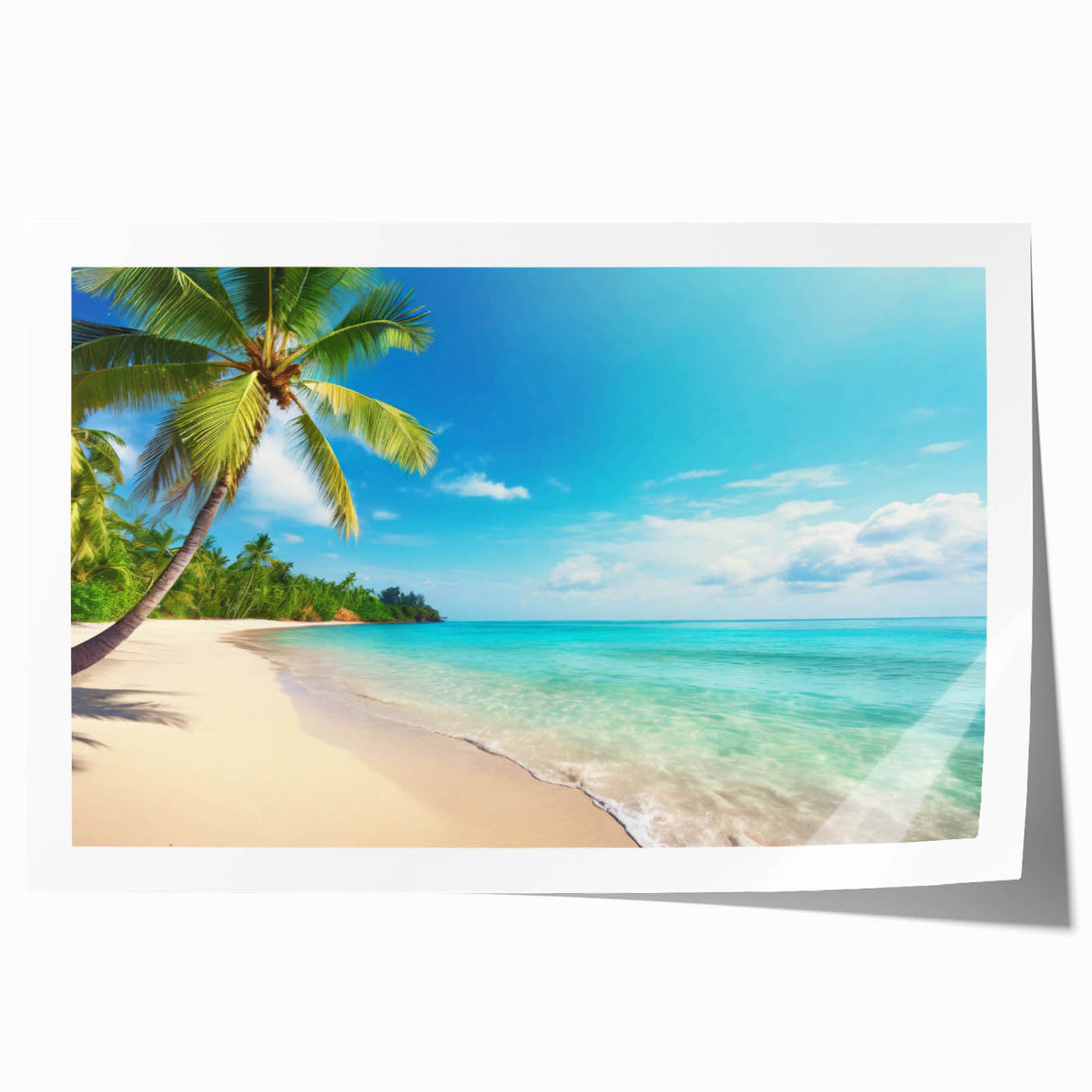 Vibrant beach landscape wall art print showcasing a serene sunset over calm waters, rolled and ready for framing, perfect for coastal home decor.