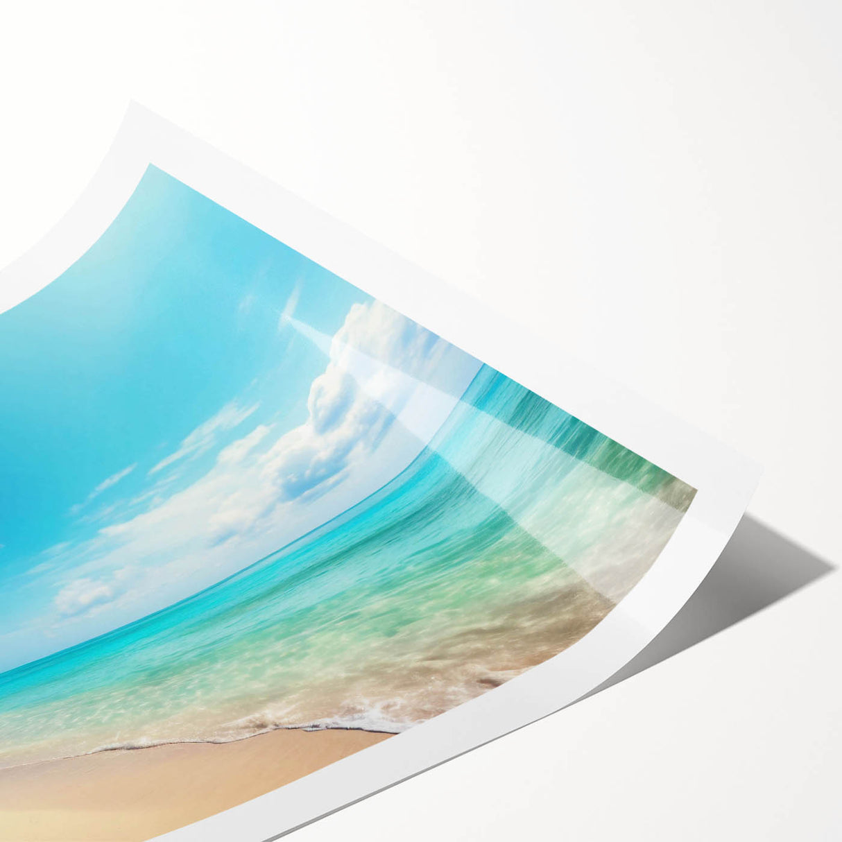 Rolled print of a serene beach landscape featuring soft pastel colors and gentle waves, designed for home decor, emphasizing tranquility and relaxation. The artwork is packaged securely in a durable cardboard tube for safe delivery.