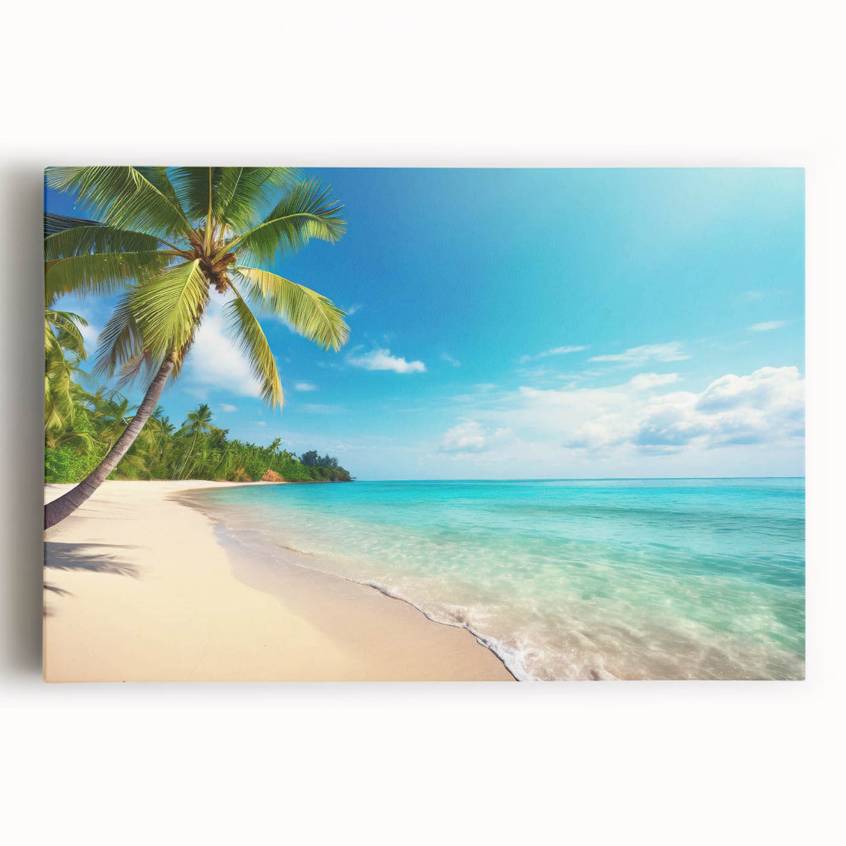 Stretched canvas wall art showcasing a vibrant beach landscape with a serene ocean view, perfect for enhancing home décor in coastal-themed settings.