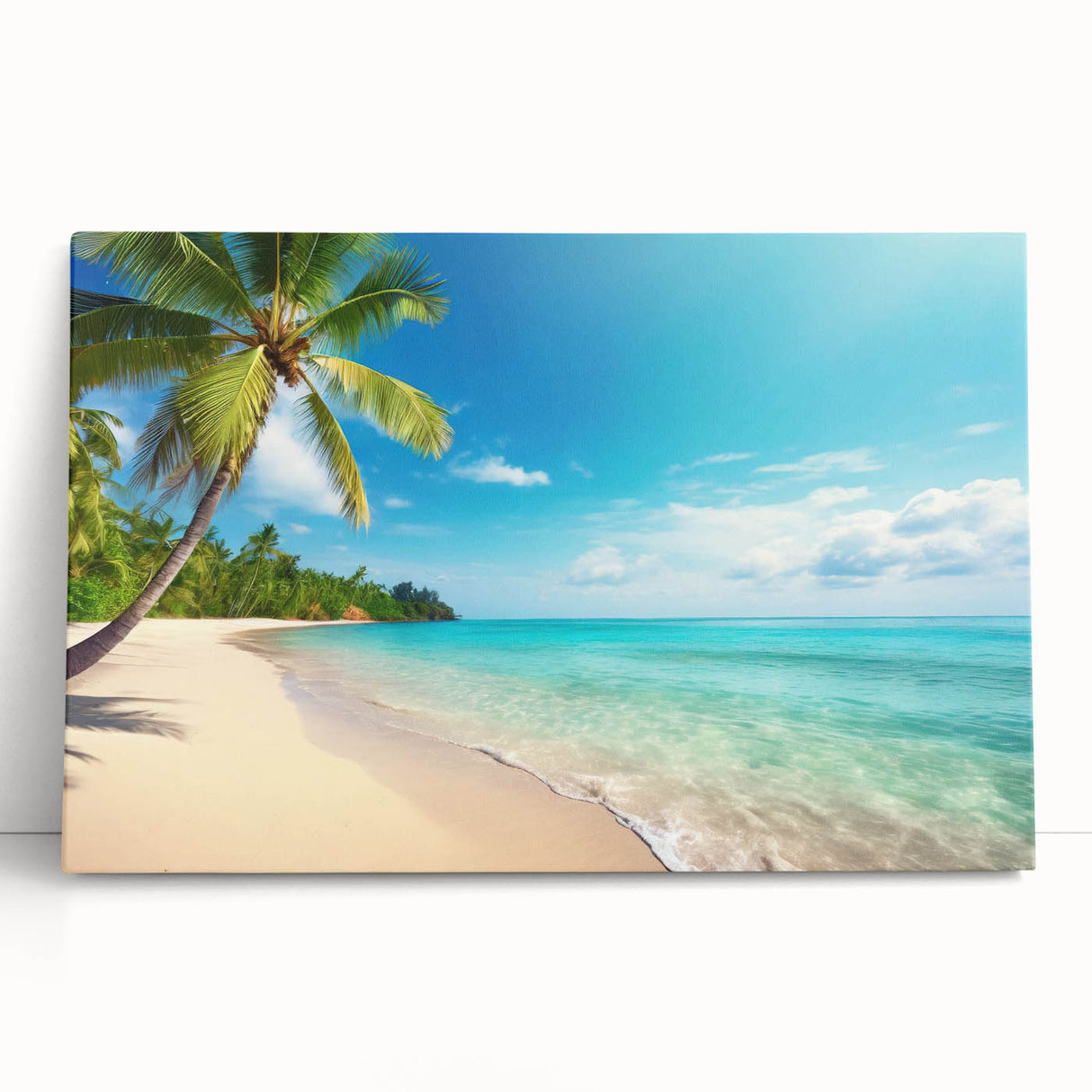 Stretched canvas wall art featuring a serene beach landscape design, showcasing vibrant blues and sandy tones, perfect for coastal home decor aesthetics.