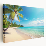 Stretched canvas wall art showcasing a serene beach landscape with vibrant colors, ideal for home decor. Side view emphasizes depth and texture, perfect for coastal-themed interiors.