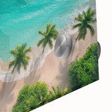 Close-up of a vibrant acrylic glass wall art piece depicting a serene beach landscape, showcasing vivid colors and intricate details, perfect for modern home decor.
