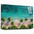 Acrylic glass wall art collection featuring a vibrant beach landscape, showcasing vivid colors and details, elegantly displayed with pins on a white wall.