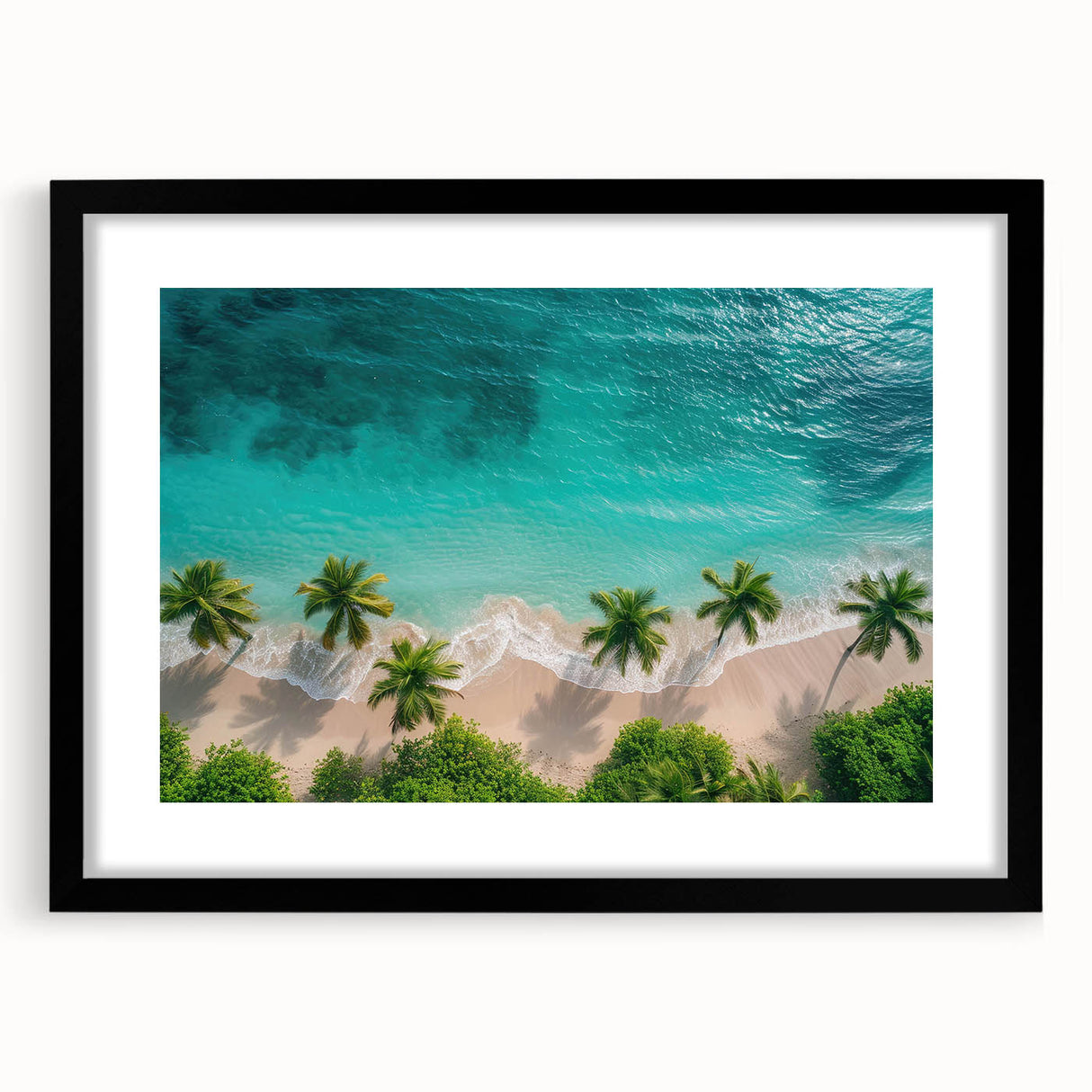 Framed wall art featuring a serene beach landscape design with a black mat and frame, ideal for home decor, evoking tranquility and relaxation.
