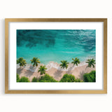 Elegant framed wall art featuring a serene beach landscape with vibrant colors and a gold mat, perfect for enhancing home decor. Ideal for coastal-themed interiors.