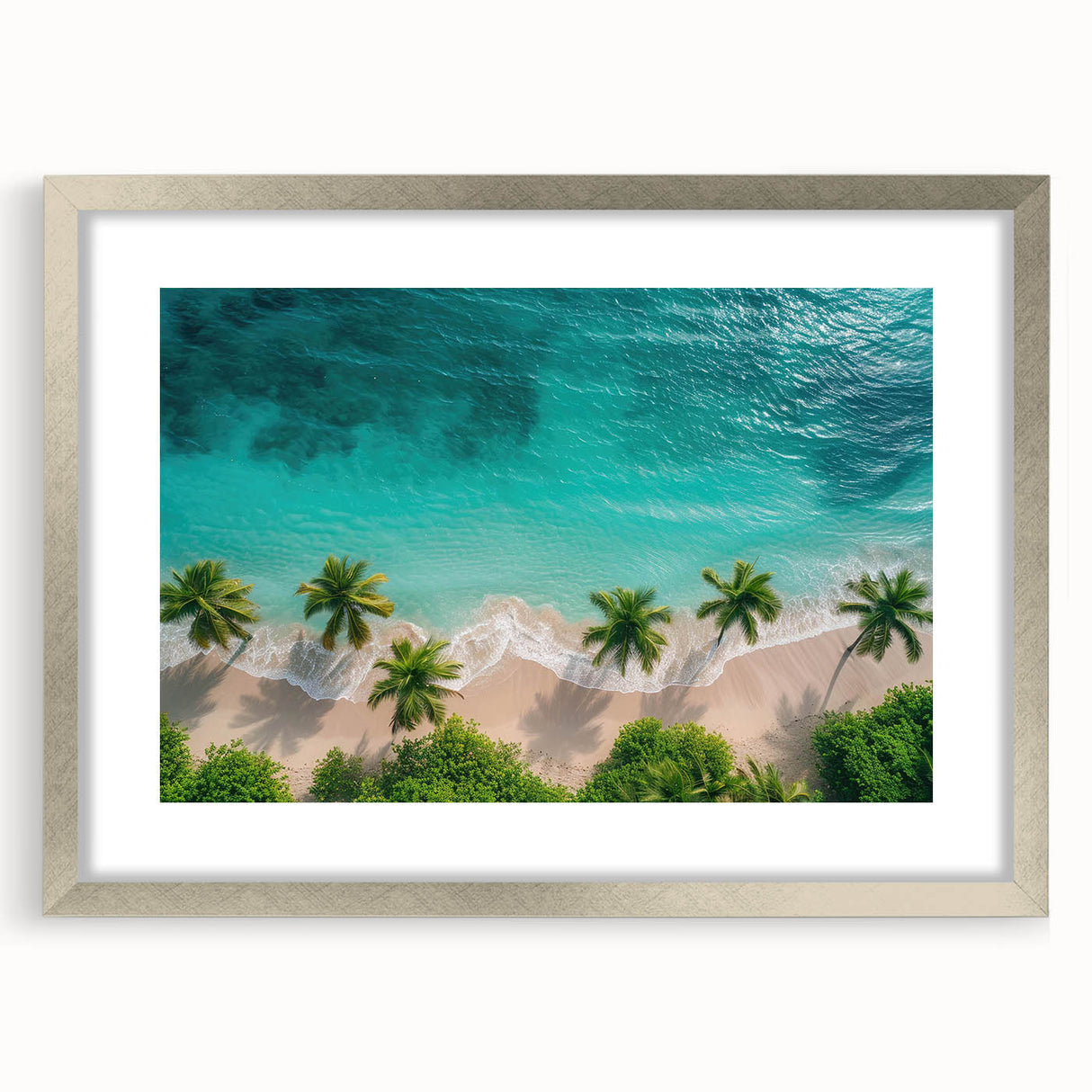 Framed wall art showcasing a serene beach landscape in calming hues of blue and beige, featuring a silver frame with matting, perfect for home decor.