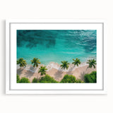 Framed wall art print showcasing a serene beach landscape design with a white mat, perfect for home decor, enhancing interiors with a calming coastal vibe.