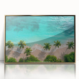 Framed acrylic wall art showcasing a vibrant beach landscape with gold accents, perfect for modern home decor, highlighting serene ocean waves and a sunny sky.