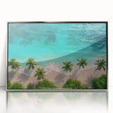 Framed acrylic wall art of a serene beach landscape, showcasing vibrant colors and fine details, presented in a sleek silver frame, perfect for home decor.