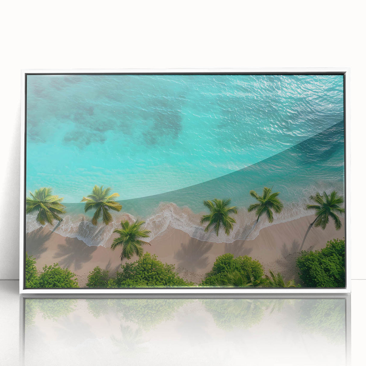 Framed acrylic wall art showcasing a serene beach landscape with vibrant colors, perfect for home decor. The white frame enhances the coastal scene's beauty.